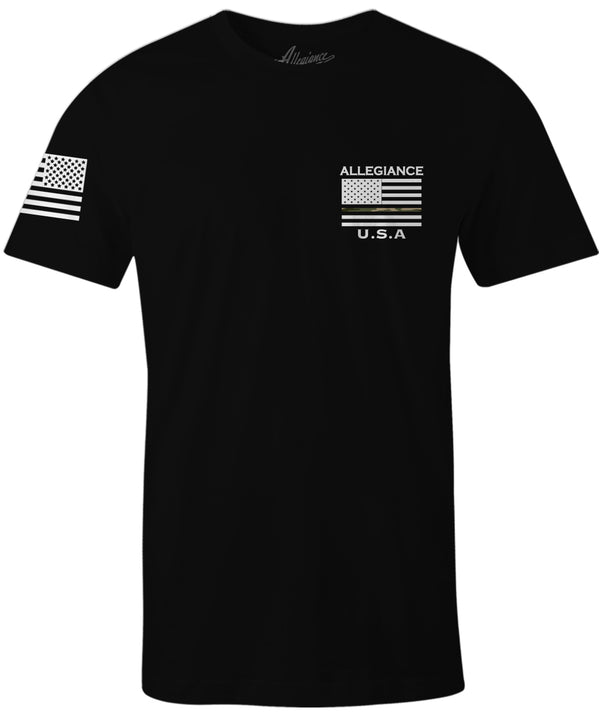 Front of Camo Line Back Hit Tee in black with small digital camo stripe and flag on sleeve