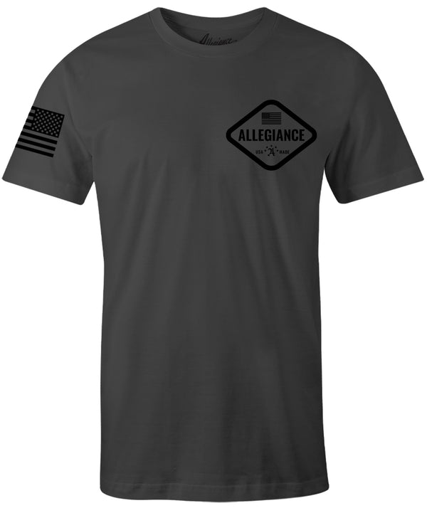 Back of Hex Premium Tee in Dark Charcoal featuring large hex camo graphic with "Allegiance" and "USA Made" text