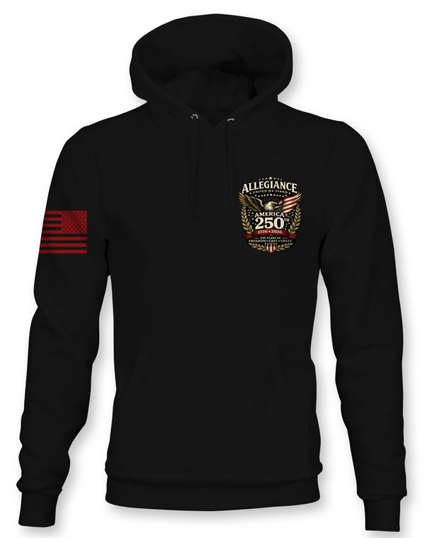 Allegiance Legacy Hoodie black America 250th anniversary eagle chest graphic with red American flag sleeve