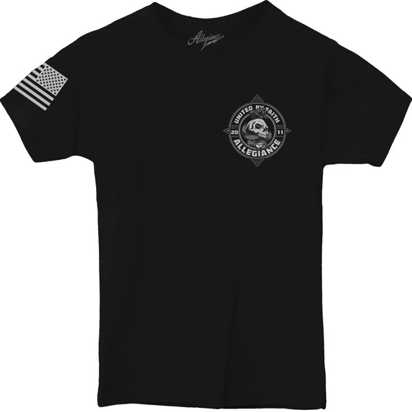 Black Serpent Youth Tee front with skull, rattlesnake, and "United By Faith" text from Allegiance Clothing Black Serpent Youth Tee back with detailed circular graphic and American flag sleeve from Allegiance Clothing