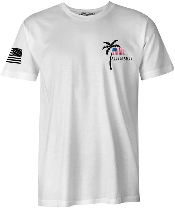 Front of Vibe Tee in white with small chest graphic and American flag sleeve print