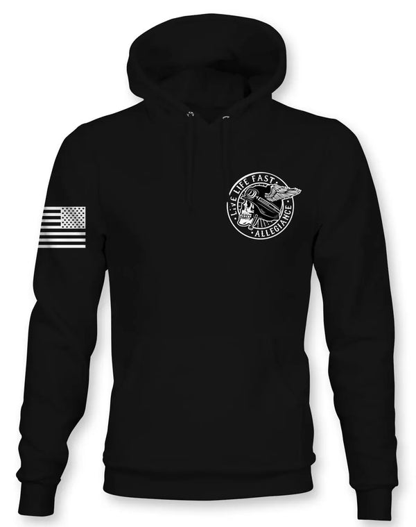 Front view of Allegiance Winged Hoodie with small chest crest design