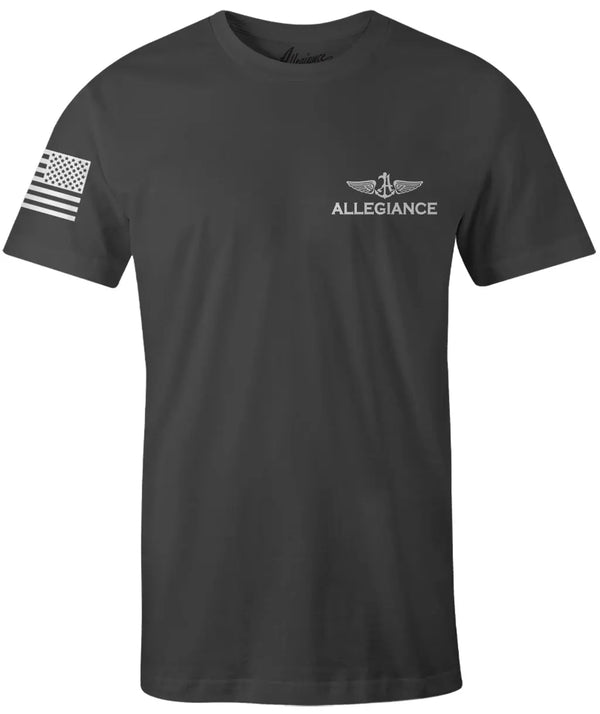 Front view of Brentling Premium Tee in charcoal with small Allegiance anchor and wing logo