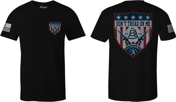 Flat lay of Don't Tread Shield Tee in black showing full front and back design with patriotic sleeve detail
