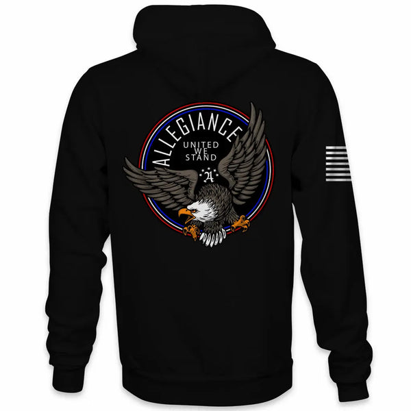 Back view of Allegiance Navigator Hoodie with bald eagle and United We Stand graphic