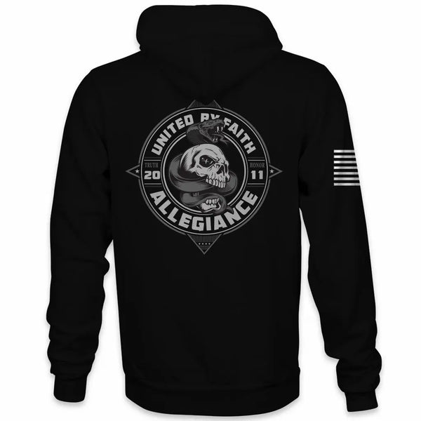 Back view of Allegiance Serpent Hoodie with skull and serpent crest graphic
