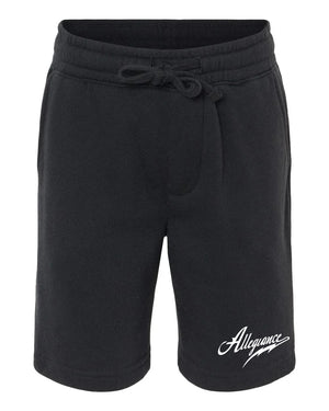 Front view of Allegiance Classic Youth Shorts in black with soft fleece fabric and elastic waistband.