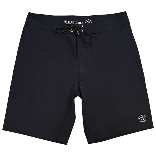 Black Allegiance Good Times Board Shorts with reflective logo print, custom Allegiance grommets, branded lace caps, and stretch quick-dry fabric.
