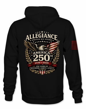 Allegiance Legacy Hoodie black America 250th anniversary eagle and American flag back graphic 1776-2026