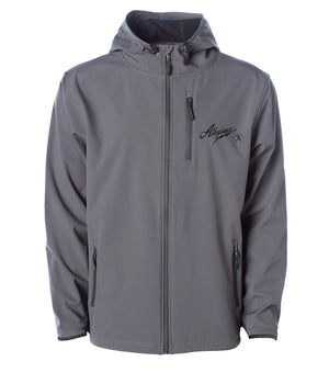 Front view of Allegiance Snowpack Tech Jacket in grey featuring scuba hood, water-resistant zippers, and soft-shell exterior.